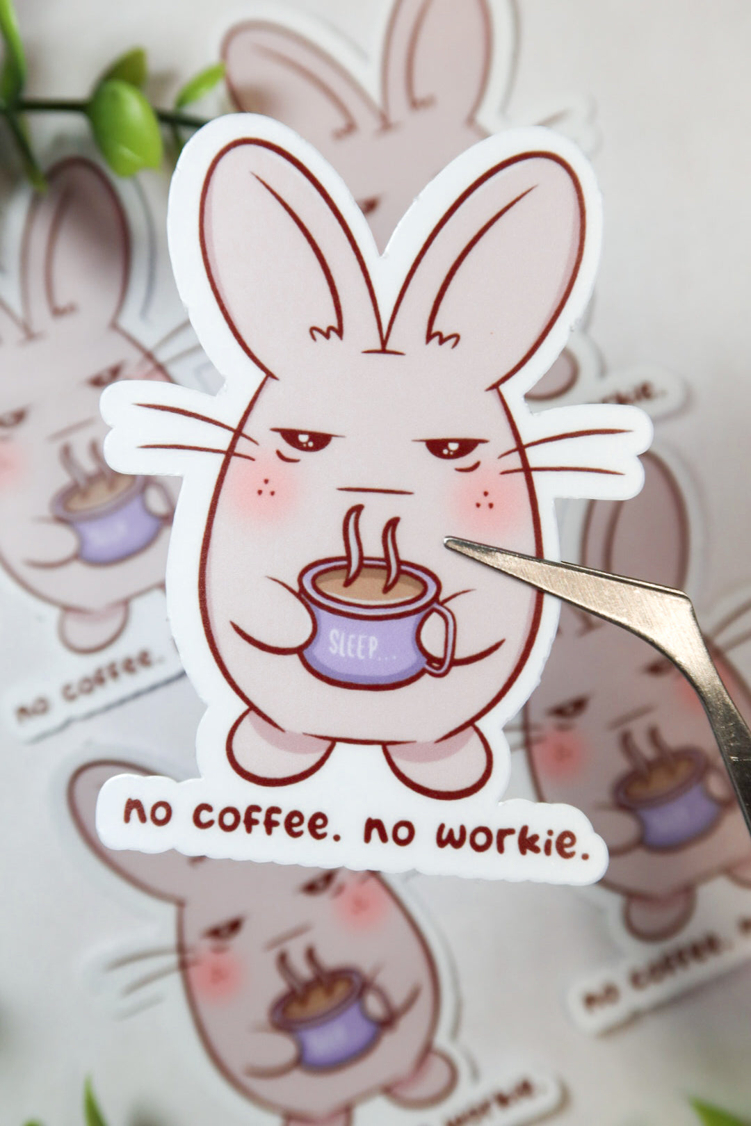 no coffee, no workie bunny sticker
